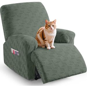 TAOCOCO Recliner Cover 3 Pieces Recliner Chair Covers, Stretch Jacquard Reclining Chair Cover, Furniture Protector Sofa Slipcovers Couch Covers with Elastic Bottom for Kids, Pets (Bean Green) (1 Seater)