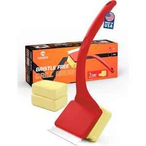 MEKER Grill Brush Bristle Free, Grill Cleaner Brush with 3 BBQ Replacement Head, Seamless Scraper Tool for Cast Iron, Stainless Steel Grates, Safe Grill Scraper Outdoor BBQ Grill, Red