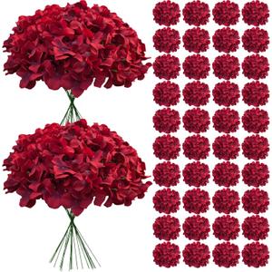 65Pcs Deep Red Hydrangea Artificial Flowers BulkRealistic Silk Fake Flowers with StemsFaux Hydrangea Flowers for Wedding Home Decor Centerpieces Living Room Garden Party Baby Shower Decor