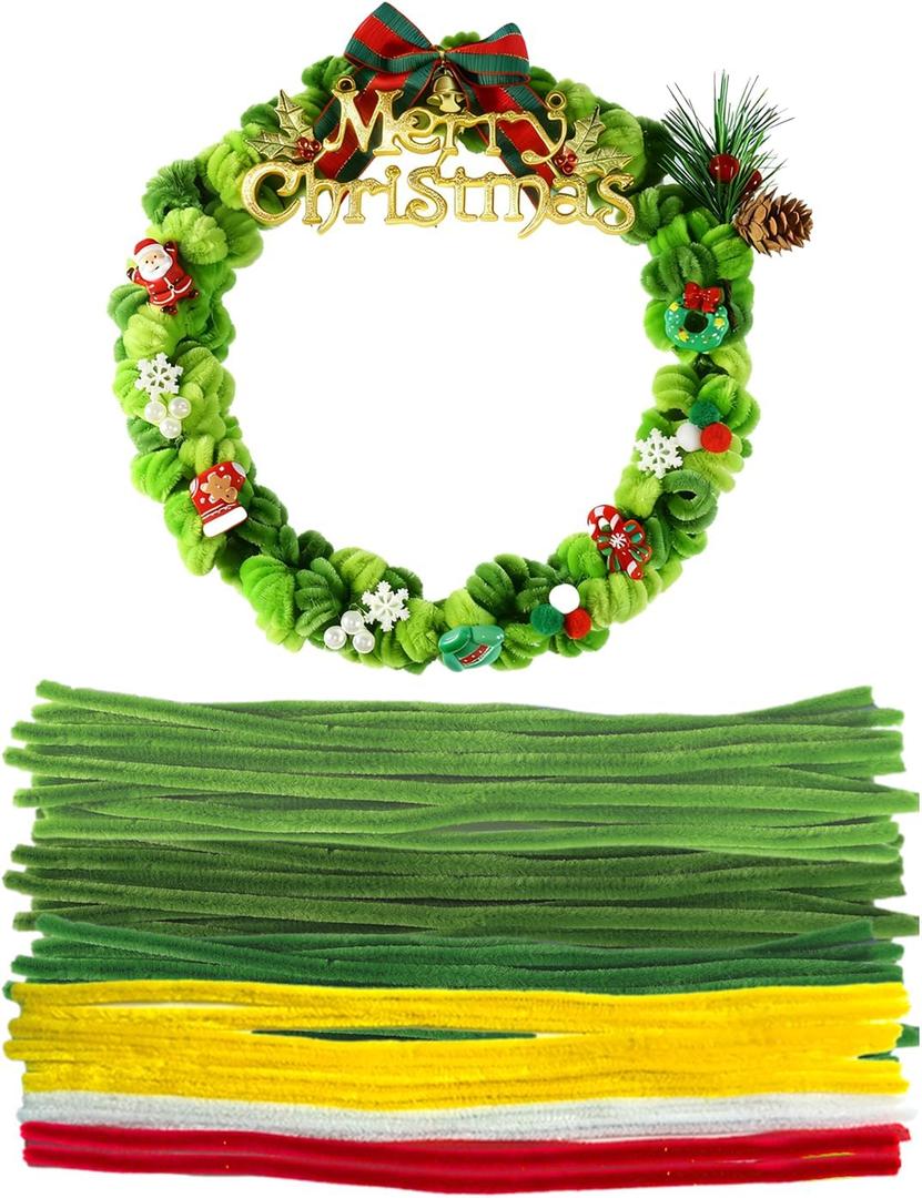 Farbeniok Christmas Pearl Ring Pipe Cleaner Craft Kit, DIY Wreath Ornament Supplies Set with Beads, Bow for Tree Decor, Interior Decoration, School Bags, Children's Festival (Big Green)
