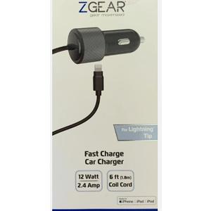 ZGEAR Fast Car Charger 12 Watt 2.4 Amp 6 ft Coil COrd
