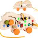 Gleamkid 2in1 Busy Board & Pull Toy for Toddlers 13: Dinosaur Light Up Busy Board, Educational Learning Toys Wooden MultiSensory Boards with 4 Movable Wheels, Montessori Toys for 1 2 3 Year Old