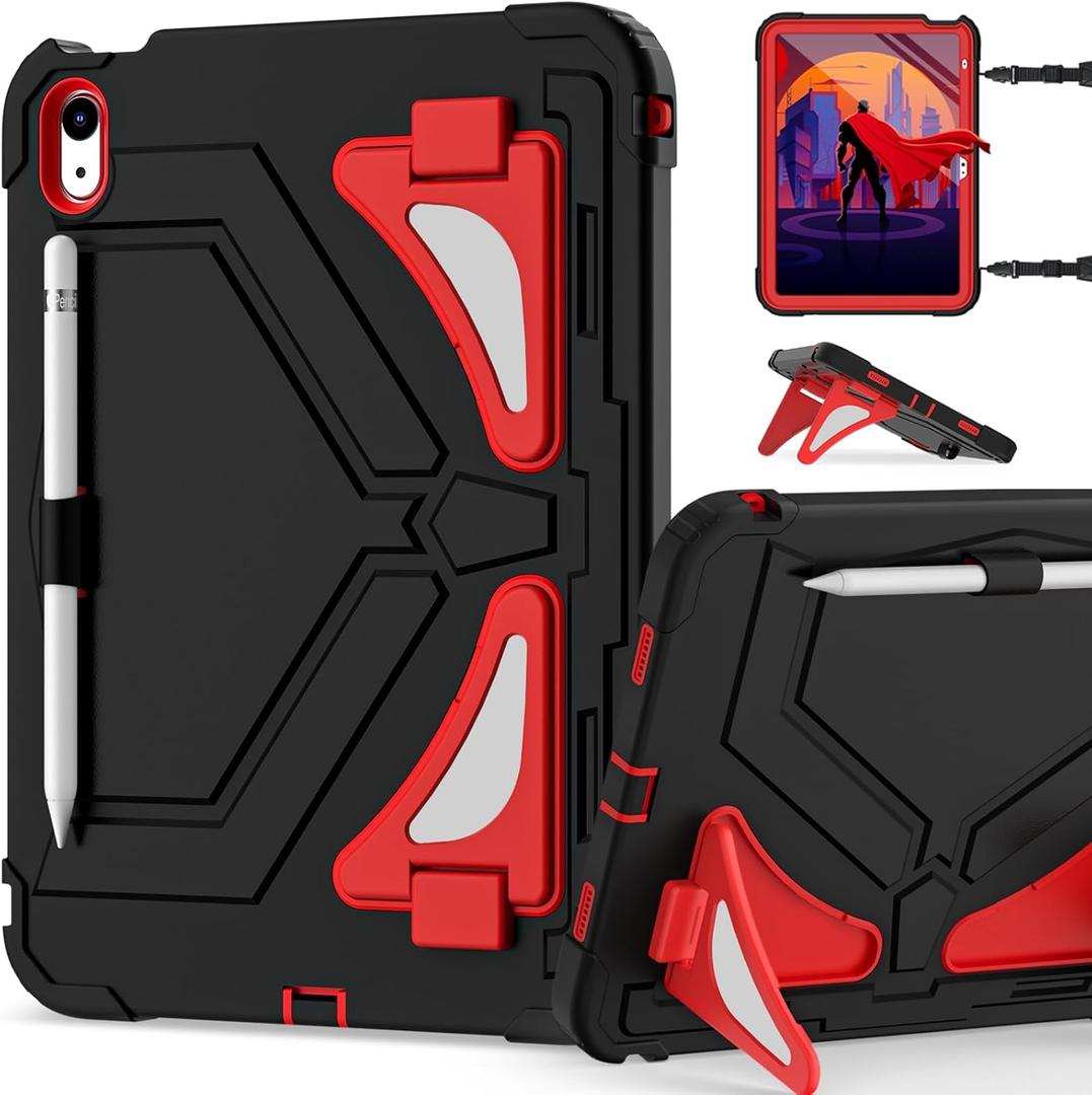 Scnioy Case for iPad (A16) 11th Generation 2025, iPad 10th Generation Case 2022, Kids Friendly i Pad 10th Gen Cover with Multi-Angles Kickstand Shoulder Strap Screen Protector 11/10.9 Inch, Black Red