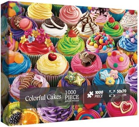 Colorful Cupcake Puzzle for Adults 1000 Pieces, Birthday Cake Jigsaw Puzzle, Candy Food Cookie Fruit Collage Puzzle