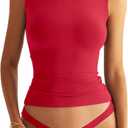 Eachyes Womens Double Lined Racerback Tank Tops High Neck Fitted Sleeveless Tops Basic Thick Strap Going Out Summer Outfits (Red, M)