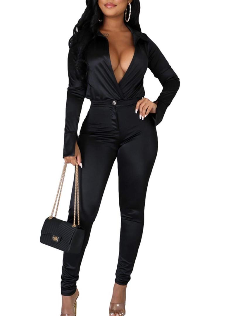xxxiticat Women's Silk Satin Business Suit Office Lady Two Piece Long Sleeve Bodysuit High Waist Bodycon Pants Matching Sets(BL,XL) (Black)
