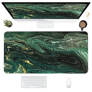 Desk Mat, Green Gold Liquid Marble Extended Gaming Mouse Pad for Office Work & Game, Computer Keyboard Mouse Mat Desk Non-Slip Rubber Base Large Mousepad with Stitched Edges, 31.5x15.7inch