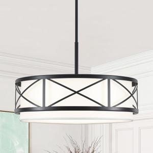 19.7'' Black Drum Chandelier - 5-Light Modern Farmhouse Chandeliers Hanging Ceiling Light Fixture Drum Pendant Light with White Fabric Shade for Dining Room Kitchen Living Room Foyer Entryway Bedroom