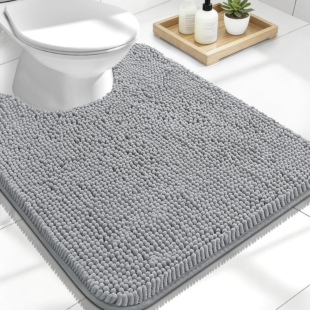 OLANLY Toilet Rugs U-Shaped 24x20, Extra Soft Absorbent Chenille Contour Bathroom Rugs for Toilet, Dry Quickly, Machine Washable, Non-Slip Bath Mat, Light Grey