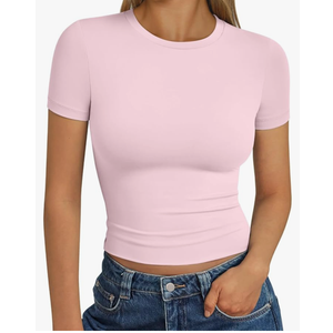 Trendy Queen Womens Short Sleeve T Shirts Summer Crop Tops Basic Slim Fit Gym Workout Y2k Clothes