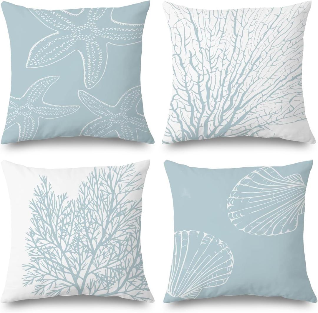 Coastal Beach Pillow Covers 22x22 Set of 5 - Beachy Room Decor Aesthetic, Coastal Beach House Decor, Starfish Seashell Coral Decorative Throw Pillow Covers (Double-Sided) (Starfish-baby Blue)