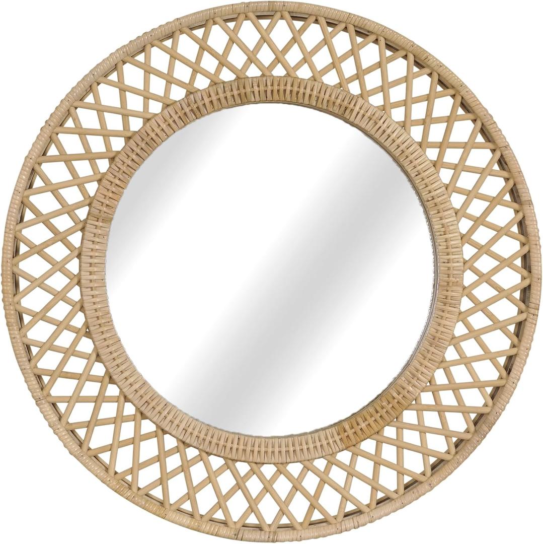 Round Rattan Wall Mirror 24x24 Inch Boho Elegance with Woven Frame, Decorative Mirror for Bathroom Vanity Entryway Living Room