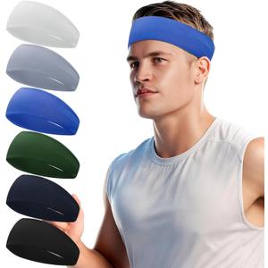 Cooling Headbands for Men 6 Pack Running Bandana Mens Sweatband Bands Workout Moisture Wicking Headband for Running,Cycling,Yoga,Fitness Athletic (Black,White,Deep Blue,army green,blue,gray)