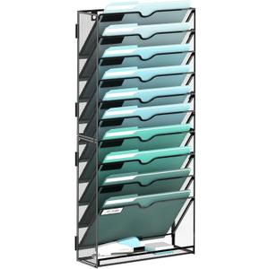 SUPEASY 11-Tier Wall File Organizer, Hanging Wall Files for Papers, Folders, Magazines, Wall Organizer for Clipboard, Assembly Needed, Black