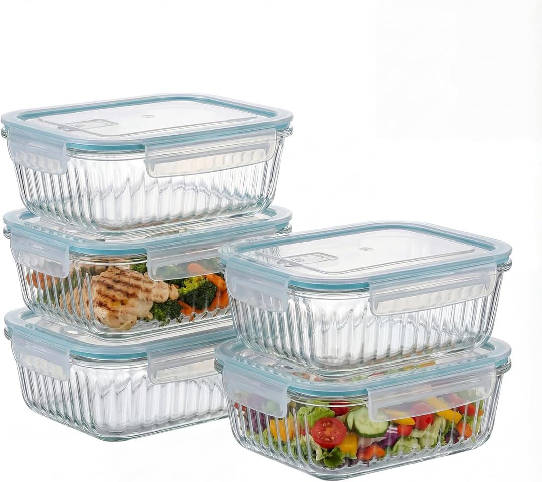 WOVOW 5Packs, 36 Oz Glass Meal Prep Containers with Snap Locking Lids Glass Food Containers,Airtight Lunch Container,Microwave, Oven, Freezer and Dishwasher