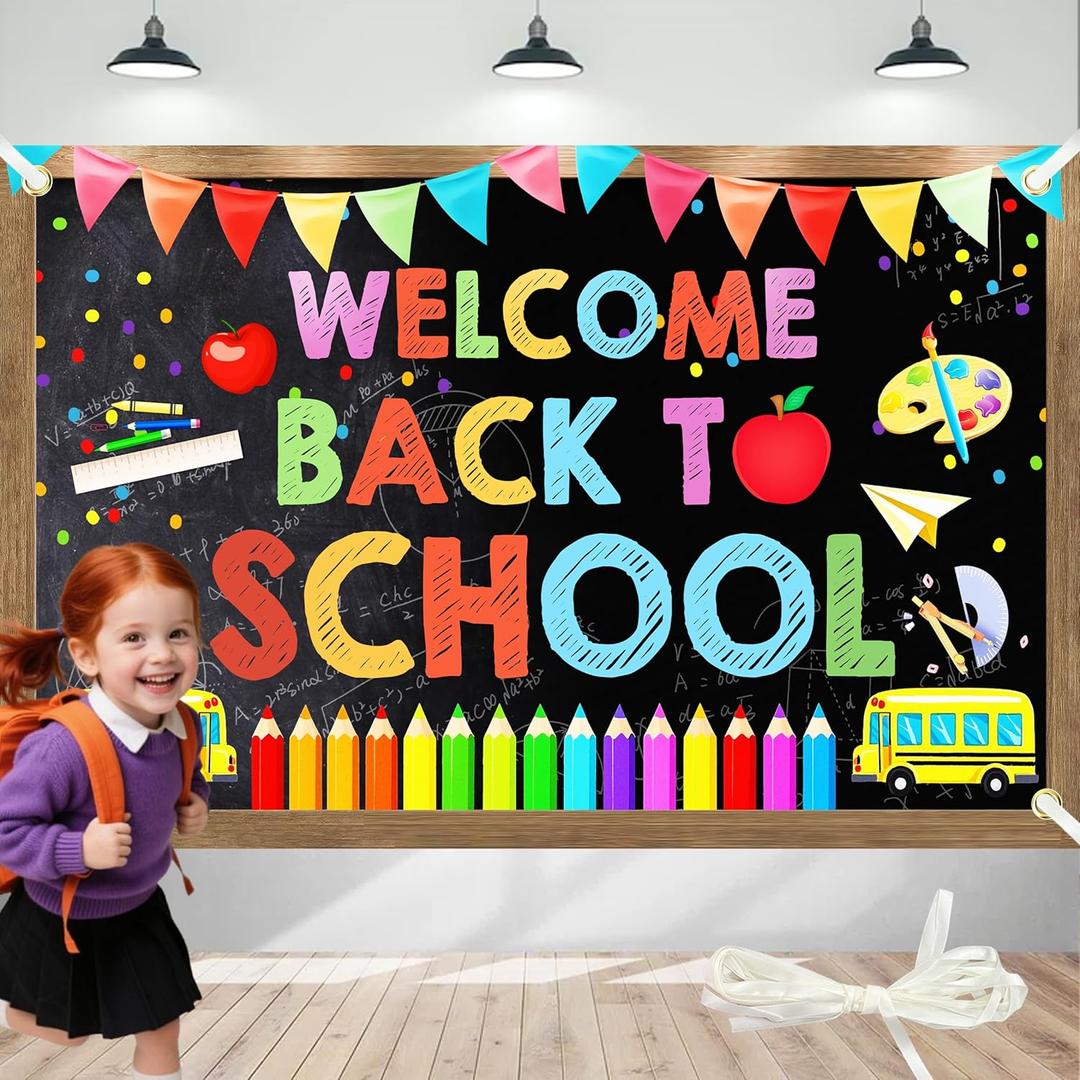 2 x Back To School Backdrop 72x44 Inch Welcome Back To School Decorations Banner First Day of School Banner with 4 Grommets Classroom Poster Bulletin Board Supplies with 19.68 Ft Rope