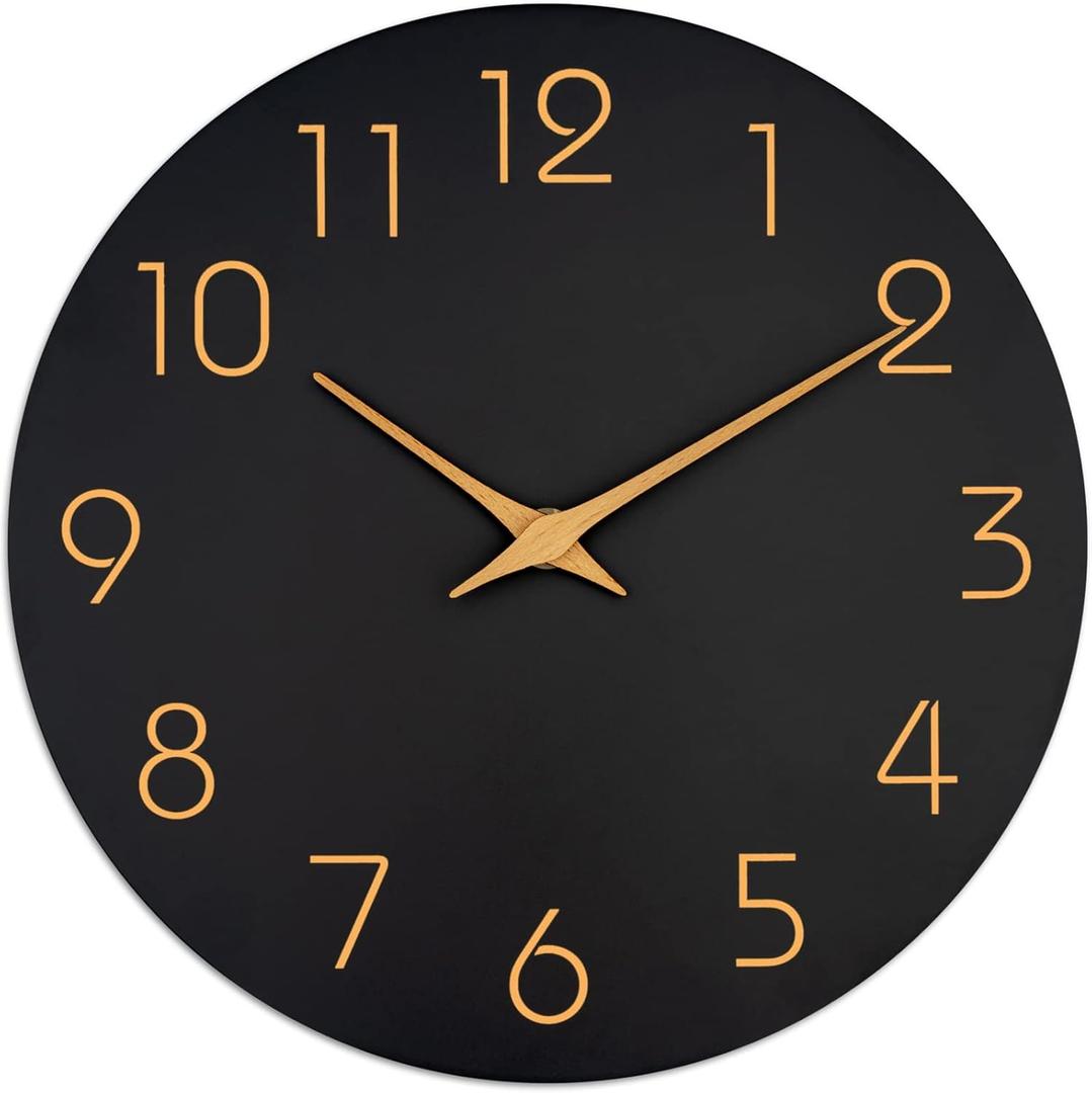 Mosewa Wall Clock 14 Inch Black Battery Operated Silent Non-Ticking Simple Minimalist Rose Gold Numbers Decorative for Bedroom Living Room Kitchen Home Office