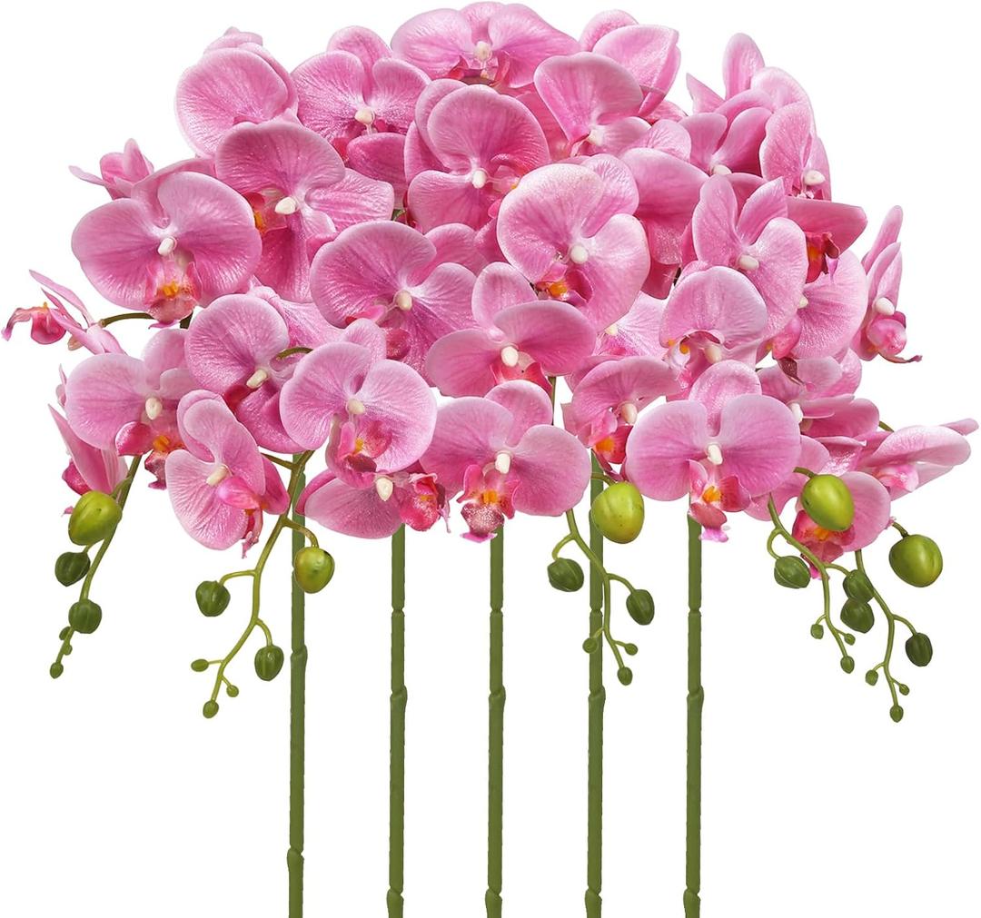 IPOPU Hot Pink Flowers Artificial Orchids 5PCS Sparkly Silk Phalaenopsis Dark Pink Flowers Faux Orchids for DIY Wedding Bouquet Bridal Shower Home Party Decorations (Hot Pink)