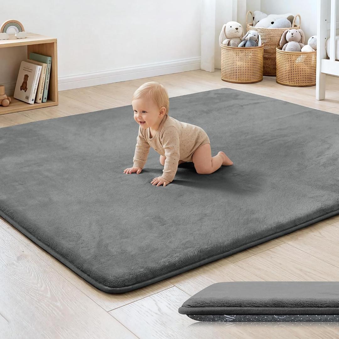 1.3" Thick Baby Floor Play Mat 50x50, Basic Padded Foam Mat for Tummy Time Crawling, Non Slip Cushioned for Babies Toddlers Infants Kids (Dark Grey)