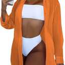 SHENHE Women's Sheer Button Up Long Sleeve Beach Kimono Cover Up Shirt Sun Dresses (Large, Orange)