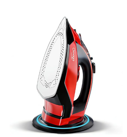 OMAIGA Cordless Iron for Clothes, 1500W Wireless Steam Iron with Ceramic Soleplate, 360 Degree Power Base, Auto Shut Off, Self-Clean, Anti-Calc, 3 Temperature Settings, 11.84oz Water Tank, Red