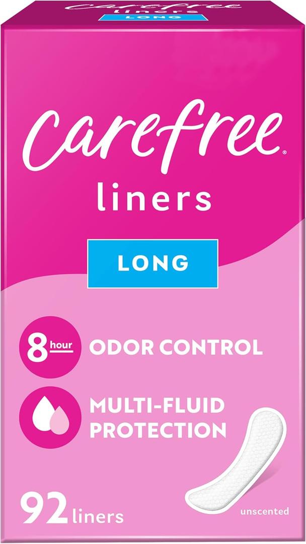 Carefree Panty Liners for Women, Long, Unwrapped, Unscented, 92ct | Pantiliners, Carefree Liners, Daily Liners for Women, Light Periods and Leaks, 8-Hour Odor Control | 92ct (Packaging May Vary)