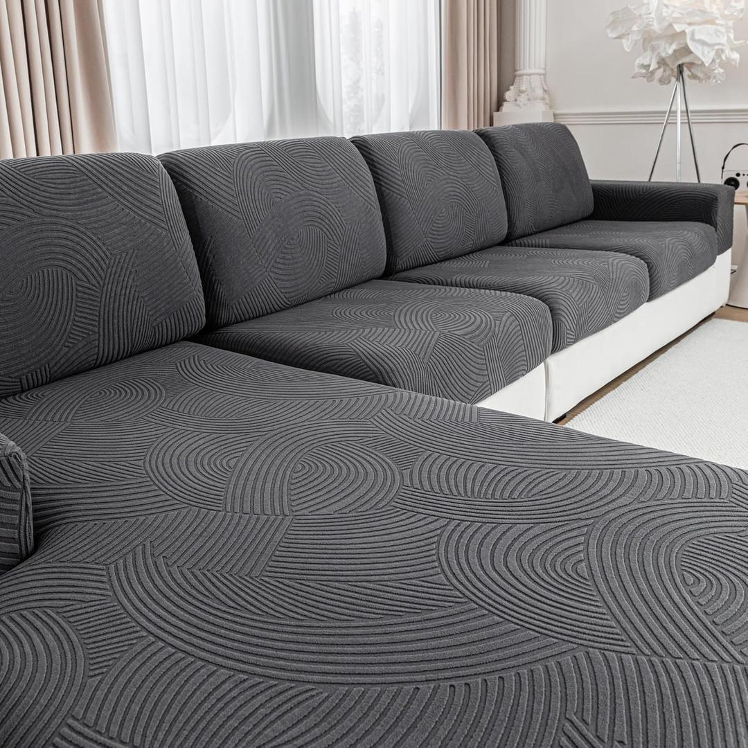 Couch Cushion Covers for Sectional and L Shaped Sofa, Stretch Soft Sofa Covers Washable Wear Resistant Slipcovers Furniture Protector Pet-Friendly (2 Seaters Covers+1 Chaise Cover, Dark Gray)