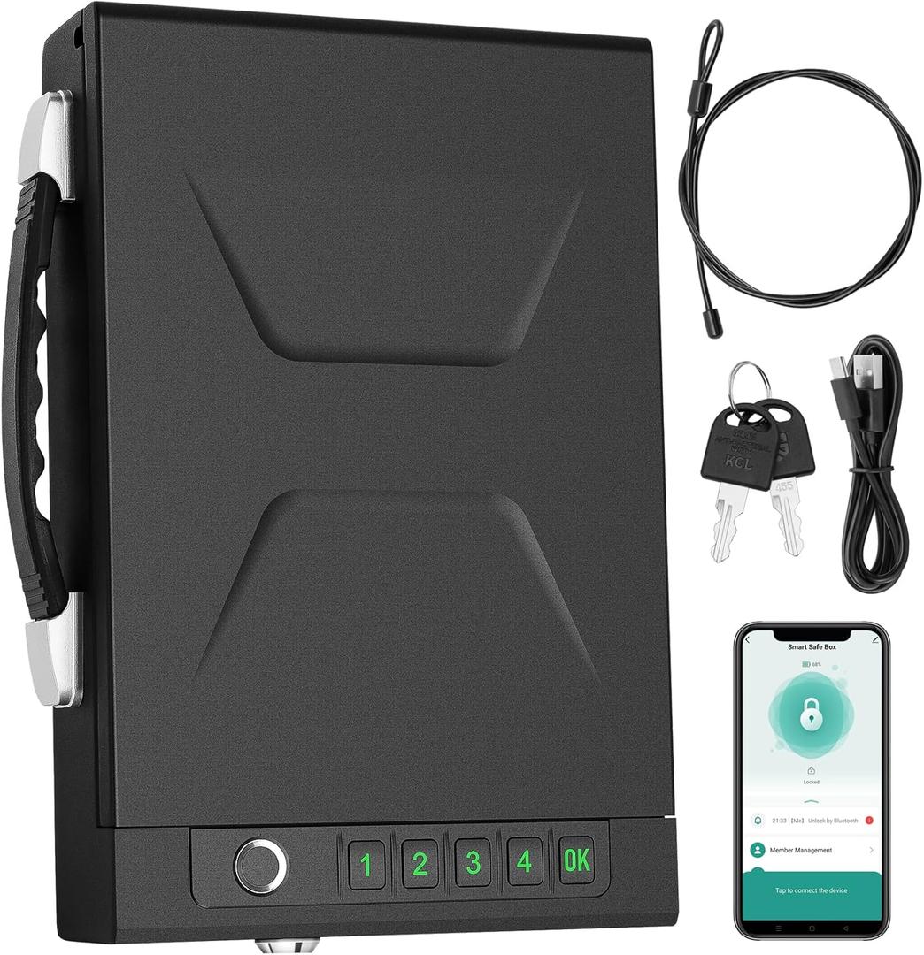 Biometric Gun Safe for Handgun - Quick Access Smart Fingerprint & Keypad Pistol Safe, Portable Small Hard Security Lock Box with Keys for Nightstand, Home, Car, Travel