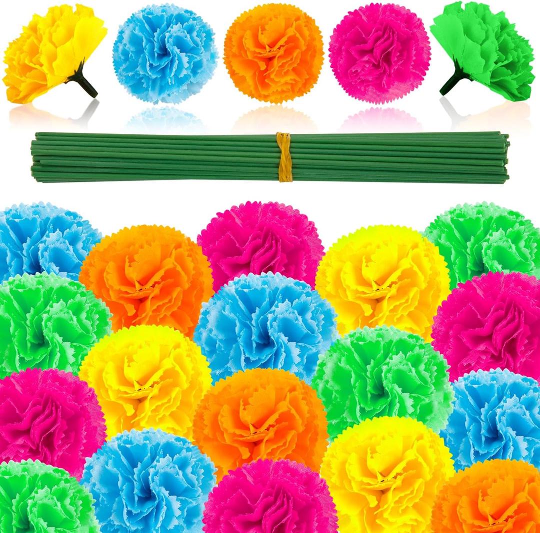 Labeol 50PCS Marigold Flowers Artificial Marigold Flowers Heads Bulk Mexican Decoration Silk 5 Colour Marigold Garland with Stems for Day of The Dead Halloween Diwali Party Decorations Home Decor