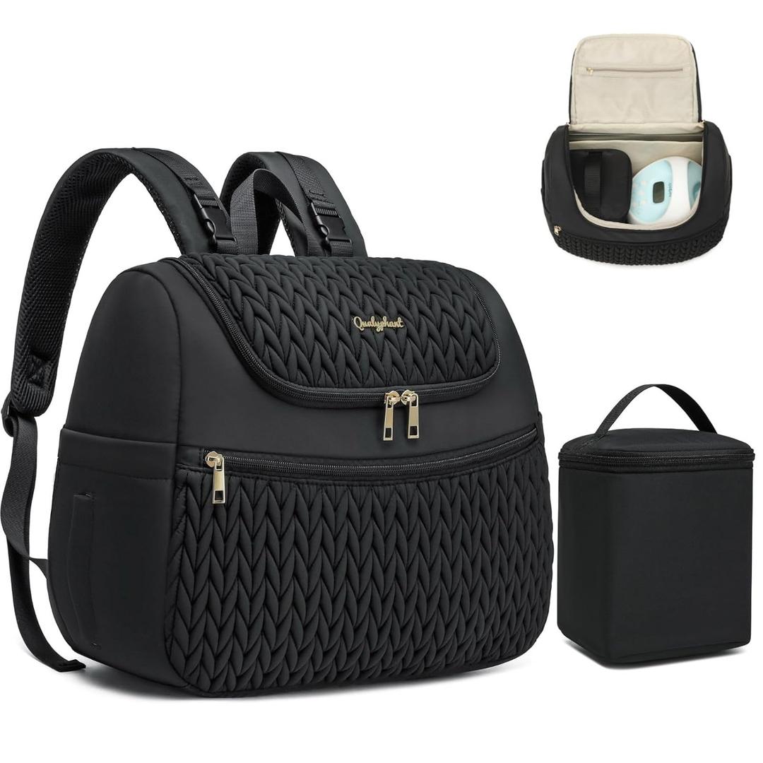 Qualyphant Breast Pump Bag for Spectra S1/S2 & Medela Insulated Cooler Bag, 13" Laptop Sleeve, Diaper Bags Backpack Lightweight, Water-resistant & Stylish for Work, Travel, Black