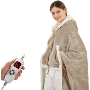 COZYTY Heated Blanket Wearable Shawl Electric Throw, Heated Wrap with Pockets, Poncho Blanket Hoodie for Adult, 6 Heat Settings & 1-4H Timer Auto Off, Gift, 50 * 64", Camel