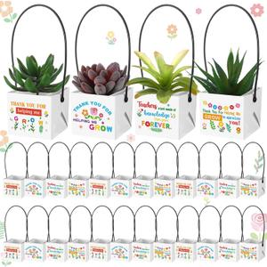 Dansydaisy 32 Pcs End of Year Teacher Appreciation Gift Succulents Wraps Bags Thank You for Helping Me Grow Graduation Gift for Teacher Succulents Pots with Handle Paper Plants Baskets Decorations