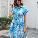 Women's Button Down Shirt Dress Floral Printed V-Neck Turn Down Short Sleeve Mini Casual Trench Coat Formal Blue, Medium