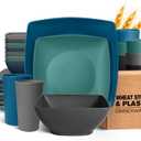 Teivio 32-piece Plastic Wheat Straw Square Dinnerware Set for 8, Unbreakable Dinner Plates, Salad Plates, Snack Bowls, Tumblers 20 oz, Dishwasher Safe, Coastal Multicolor