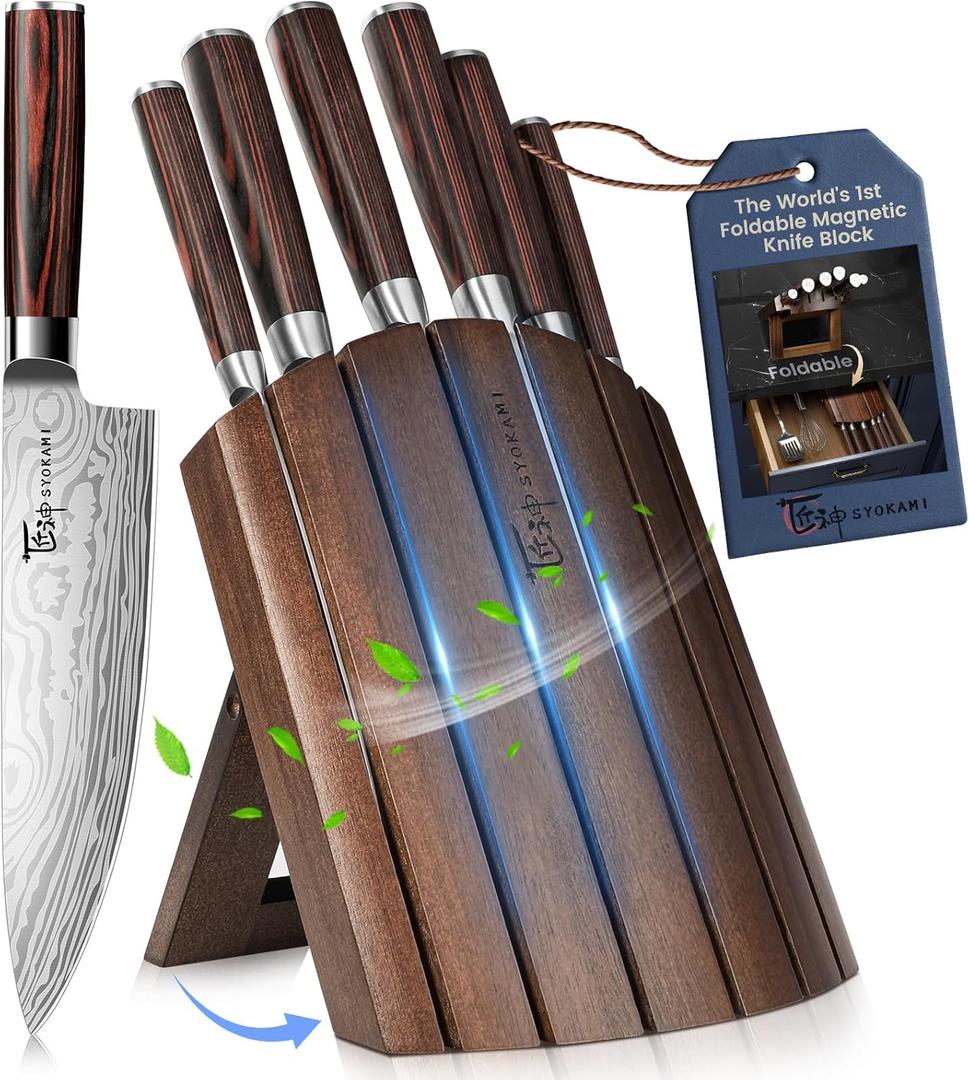 SYOKAMI 2026 Upgrade Knife Set 7 Piece Japanese Style Kitchen Knife Set With Foldable Magnetic Acacia Wood Block Sharp High Carbon Stainless Steel Chef Knives Set with Anti-slip Handle, Gift for Mom