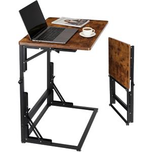 Folding Side Table, Adjustable C-Shaped End Table for Couch, Metal Frame TV Tray Table for Sofa Living Bedroom Bedside Coffee Small Spaces (Brown, 23.6" L x 15.8" W)
