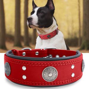 Leather Dog Collar, 2 inches Wide Heavy Duty Genuine Leather Collars, Handmade, Soft, and Luxury, Eye-catching Best Choice for Large and Medium Breed Dogs, Red 18.5-22.5 in