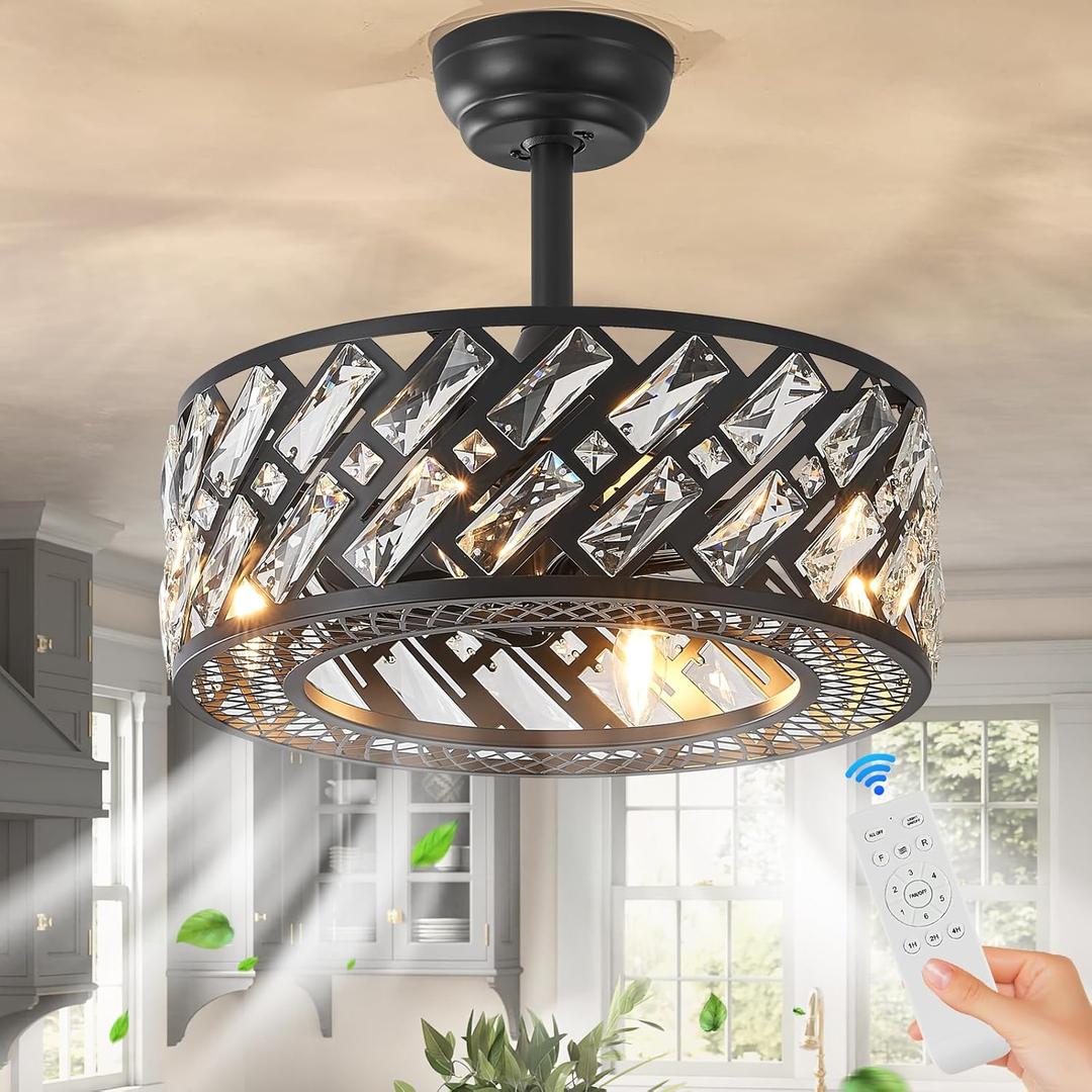 Black Caged Crystal Ceiling Fan with Light 18" Modern Bladeless Ceiling Fan with Remote Control, 6 Speed Fandelier with Reversible Motor for Bedroom Dining Room Kitchen