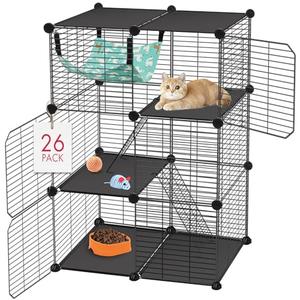 VISCOO Cat Cage, 3-Tier DIY Catio Cat Enclosures, 24" x 16" x 36" Cat Playpen Indoor & Outdoor with Hammock, Detachable Metal Wire Kennel Cats Crate, 2x1x3 Exercise Place for 1-2 Cats/Kitten