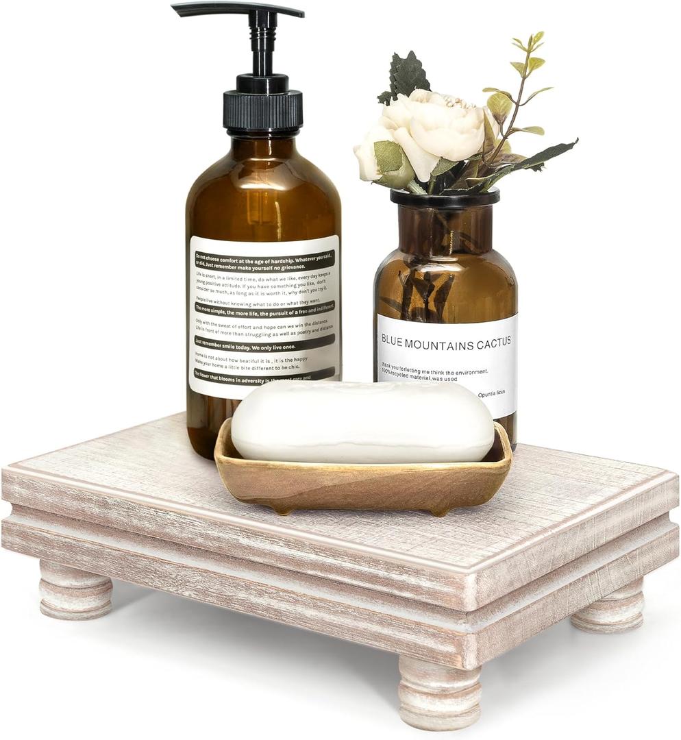 EOSAHR Decorative Tray Wood Pedestal Stand  Farmhouse Wooden Tray for Soap Holder & Bathroom Accessories - Kitchen Essentials & Bathroom Organizer for Home Decor (Natural Wood)