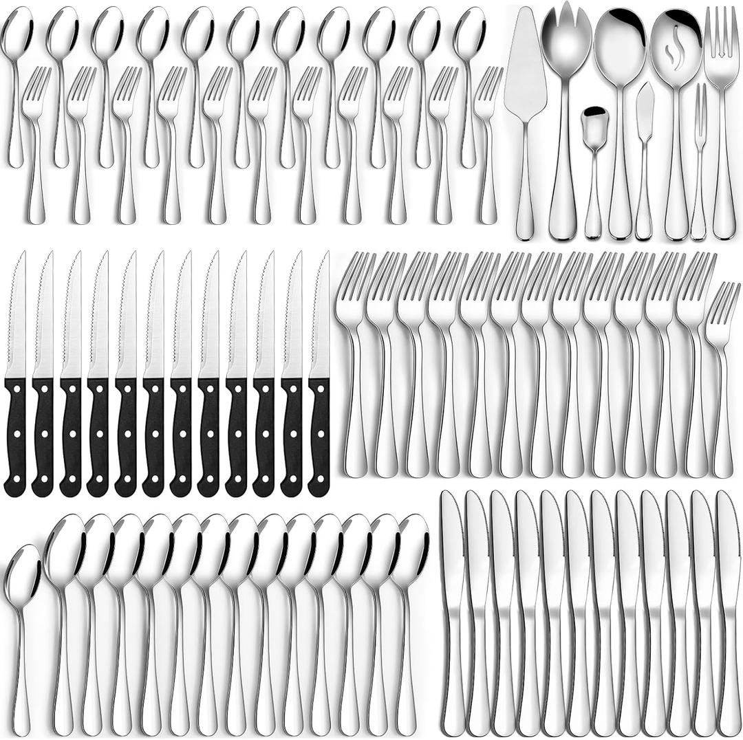 12 Sets of Steak Knives, Butter Knives, Salad Fork, Dinner Fork, Soup Spoons, Big Spoons and 8 Accessory Pieces