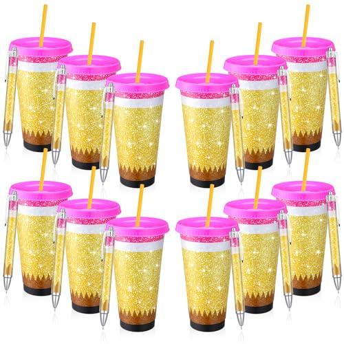12 Set Christmas Teacher Appreciation Gift Bulk Including 24 oz Reusable Pencil Plastic Coffee Cup with Lid Straw Teachers Employee Appreciation Gifts with Glitter Pen for Teacher Team (Classic)