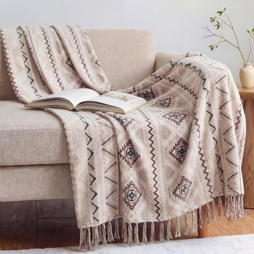 Boho Throw Blanket for Couch - Farmhouse Rustic Soft Blanket with Tassel, Western Aztec Vintage Blanket, Bohemian Cozy Blanket, Gifts for Women(50x60 Inches, Beige and Gray)