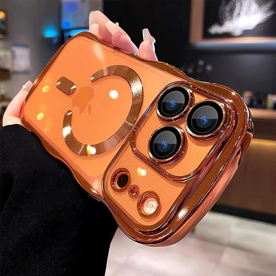for iPhone 17 Pro Max Case Magnetic,Cute Wavy Clear Phone CoverFull Camera Protection Camera Control Buttons,Case for iPhone 17 Pro Max 6.9",Orange