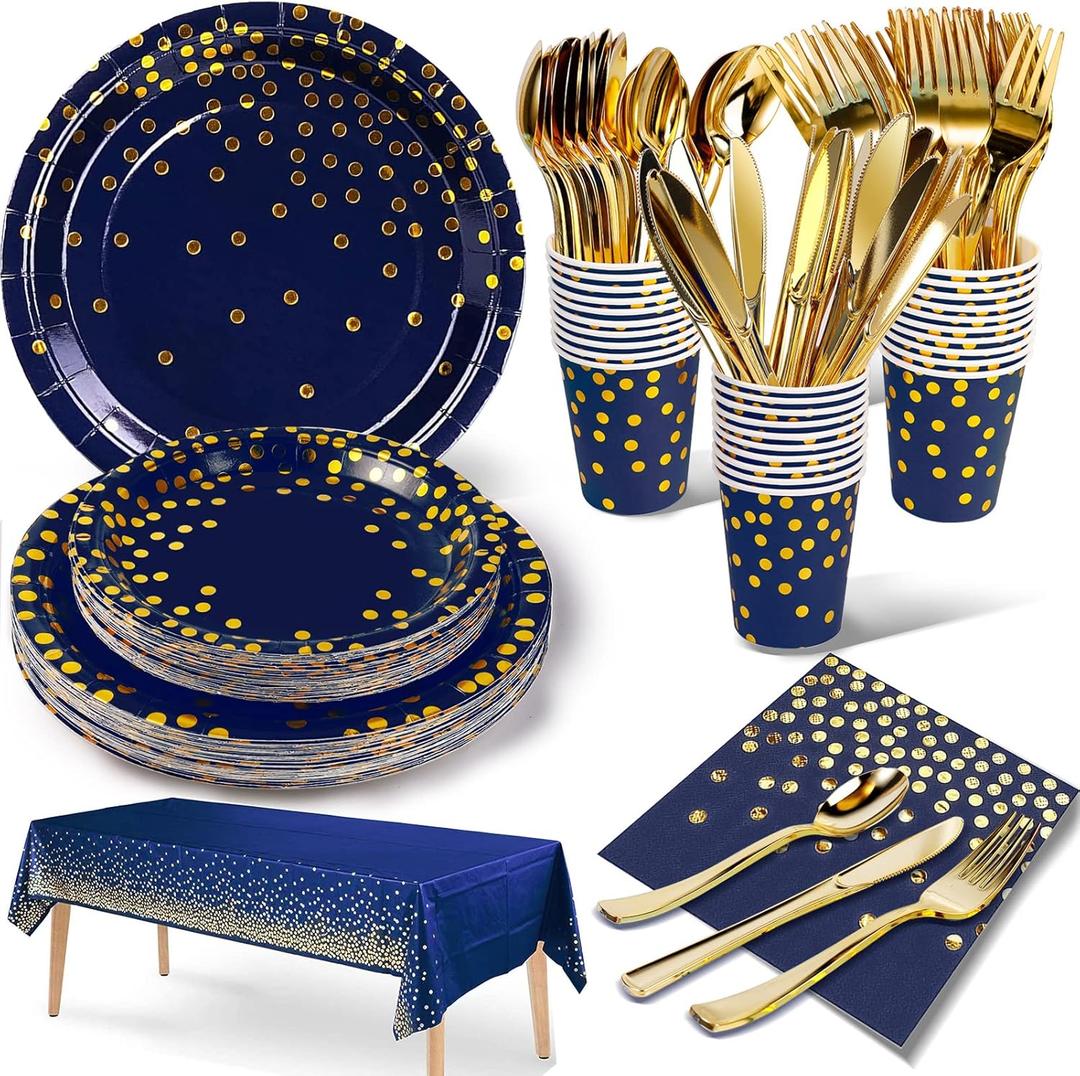 141 Pieces Navy Blue Gold Party Supplies, Disposable Party Decorations Sets Include Paper Plates Napkins Cups, Plastic Forks Knives Spoons, for Baby Shower Birthday Wedding -20 Guests