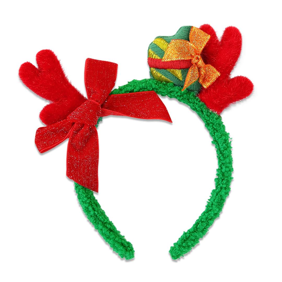 2 x Green Christmas Reindeer Antlers Headband With Bow, Green Fluffy Deer Reindeer Antlers Hair Accessories for Women, Christmas Cosplay Costume Party (Creen)