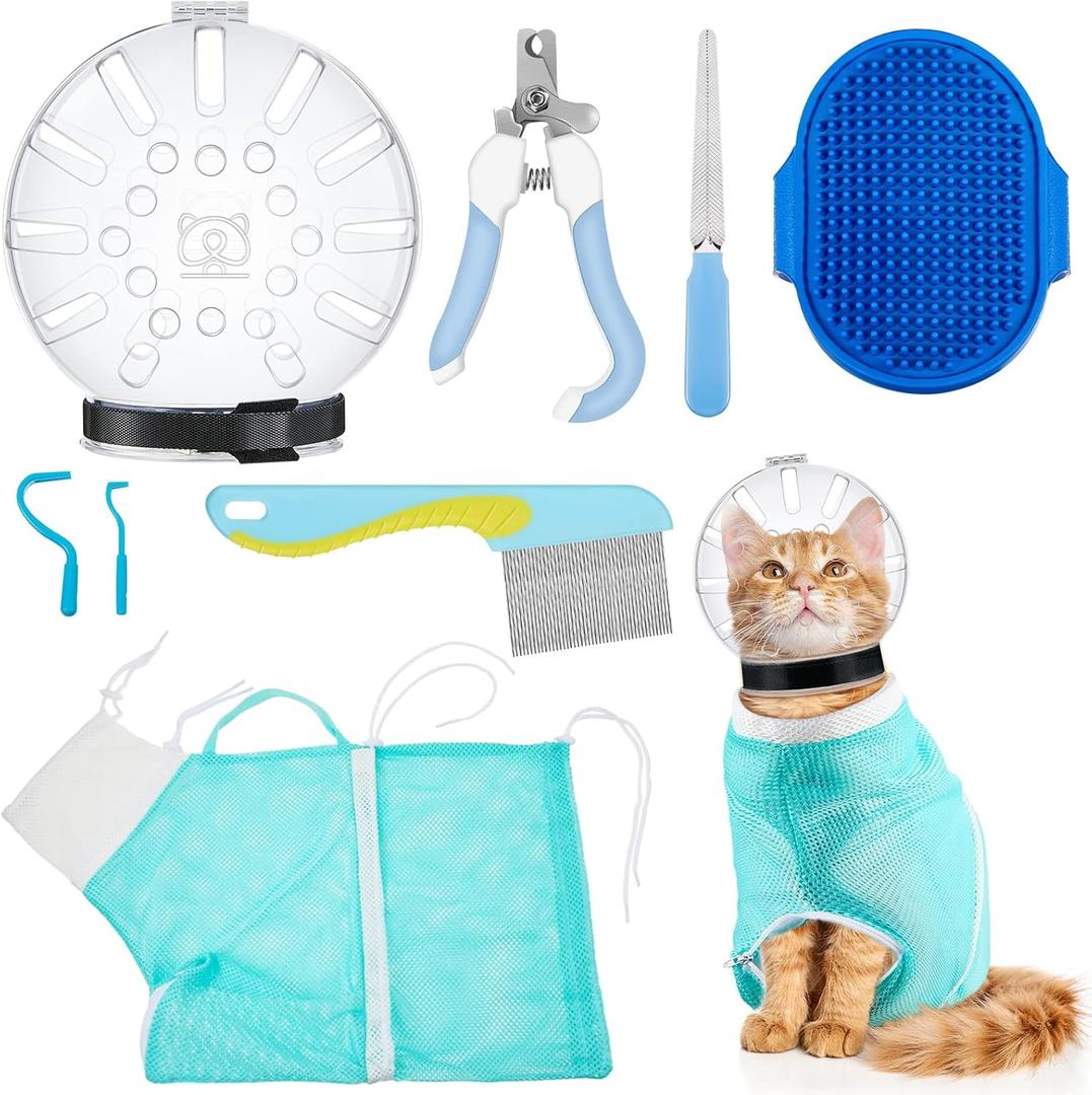 8 Pcs Cat Muzzle Set with Adjustable Cat Bathing Bag Breathable Clear Muzzle Pet Grooming Brush Tick Remover Tool Nail Clipper Nail File for Dog, Bunny Cleaning Trimming(L Size,Blue)