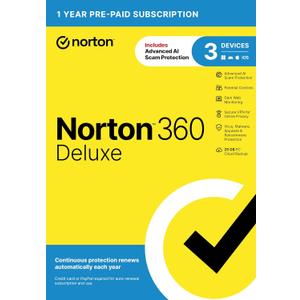 Norton 360 Deluxe, Antivirus software for 3 Devices with Auto-Renewal  Includes Advanced AI Scam Protection, VPN, Dark Web Monitoring & PC Cloud Backup [Key Card]