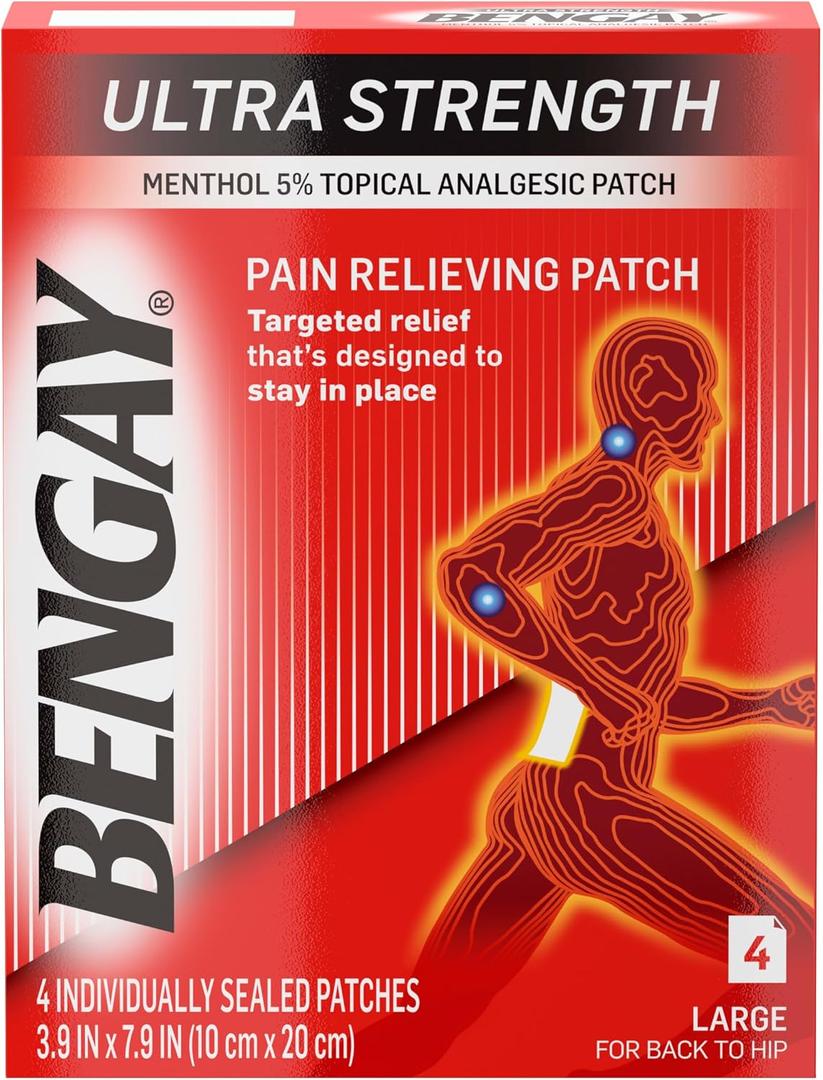 Ultra Strength Bengay Pain Relief Patches, Large Topical Analgesic Menthol Patches for Muscle & Joint Pain Due to Backaches, Minor Arthritis, Sprains, & Strains, 3.9 x 7.9 inches, 4 Count