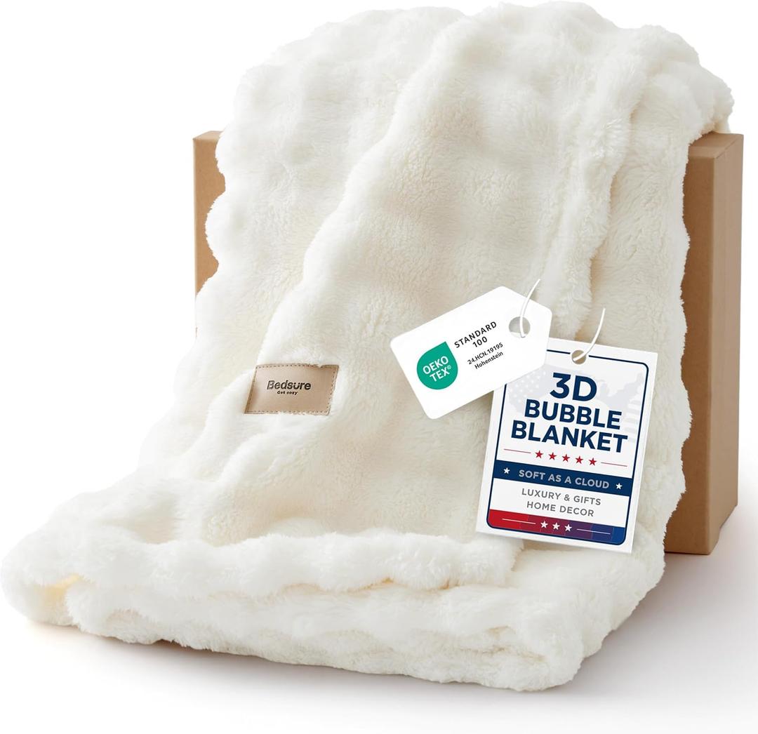 Bedsure White Twin XL Blankets for Bed - 3D Fleece Bubble Blanket for Sofa Bed Room Decor - Luxury Soft Cozy College Dorm Room Essentials for Girls Guys, Lightweight, All Seasons, Off White, 66"90"